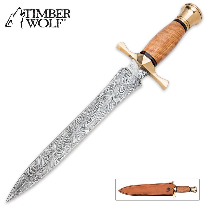 Timber Wolf Olive Damascus Steel Fixed Blade Dagger Knife