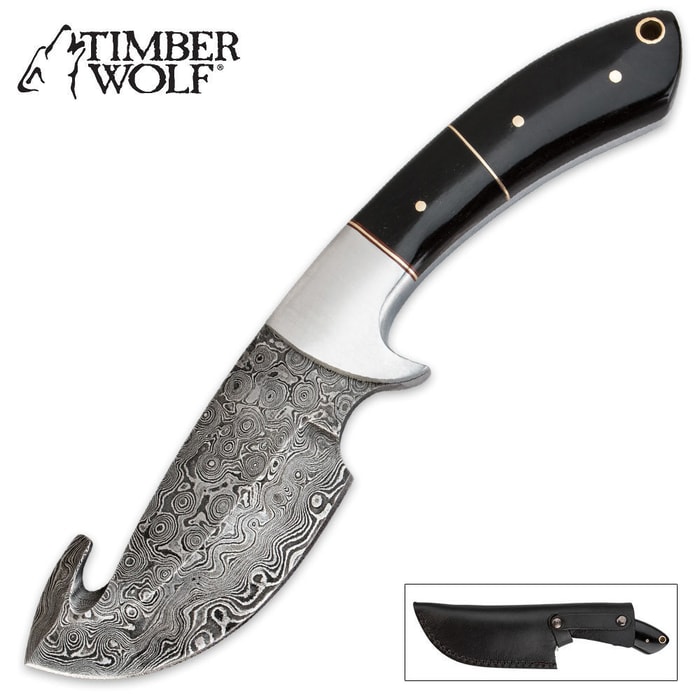Timber Wolf Buffalo Horn Damascus Steel Gut Hook Skinning Knife