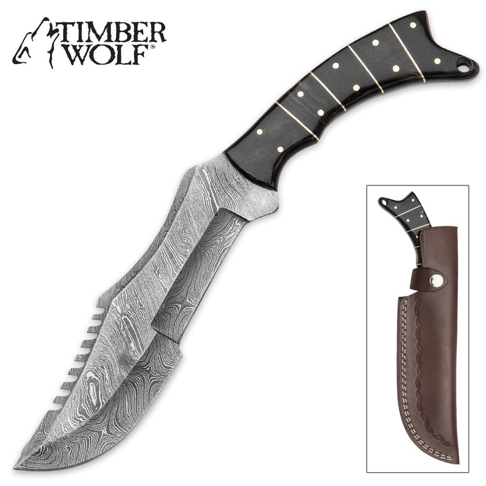 Timber Wolf Buffalo Horn Damascus Steel Bowie Knife w/ Leather Sheath