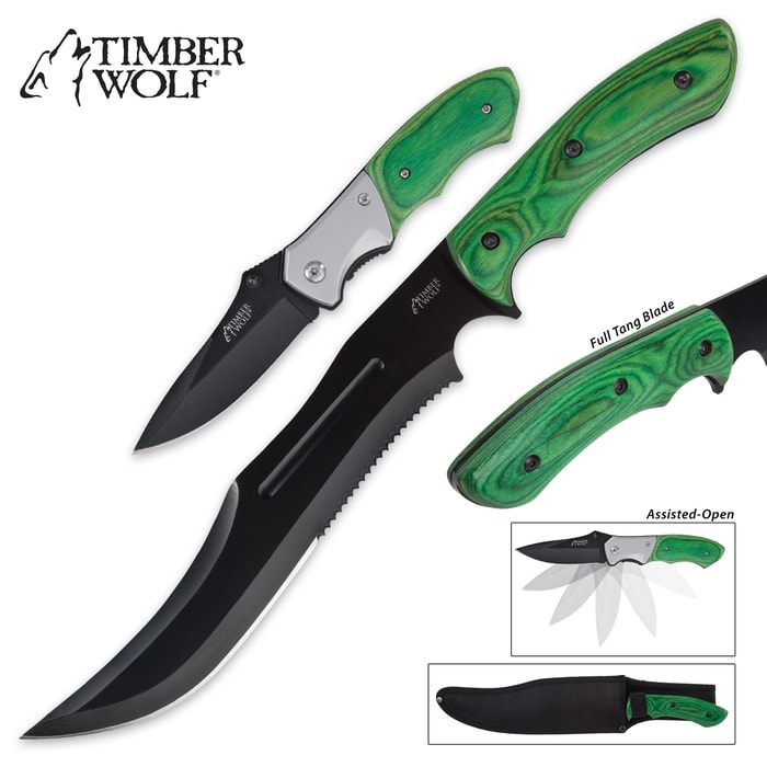 Timber Wolf Mossland 2-Piece Fixed Blade and Pocket Knife Set with Sheath - Green