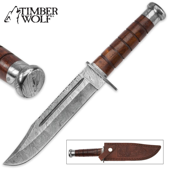 Timber Wolf Primitive Hunter Damascus Fixed Blade Knife with Leather Sheath