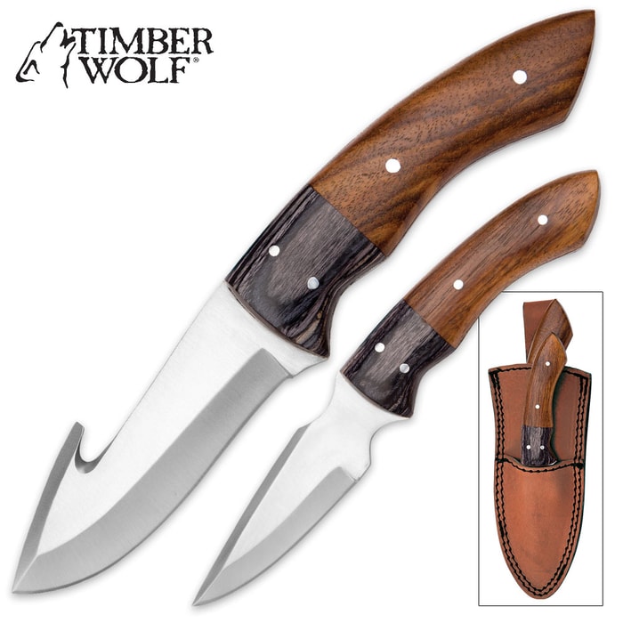 Timber Wolf Twin Buttes 2-Piece Fixed Blade Hunting Knife Set with Leather Sheath