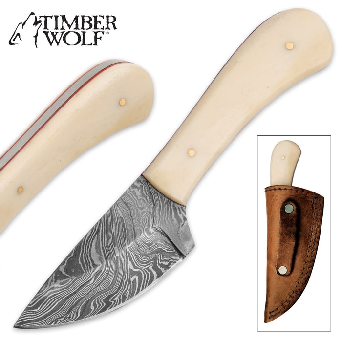 Timber Wolf Sheridan Damascus Skinner Fixed Blade Knife with Leather Sheath
