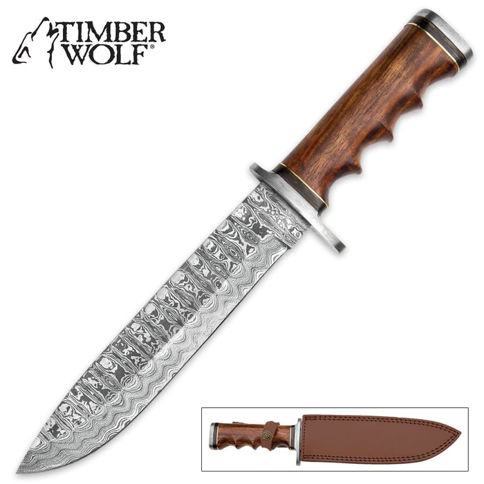 Timber Wolf Bridger Gap Damascus Hunting Knife with Leather Sheath