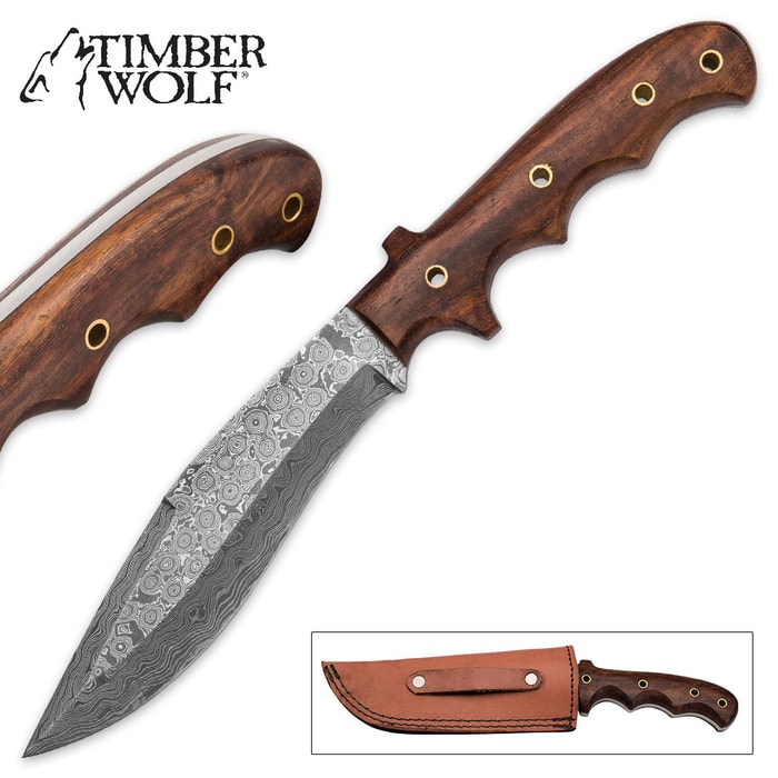 Timber Wolf Absalom Damascus Bowie / Fixed Blade Knife with Leather Sheath