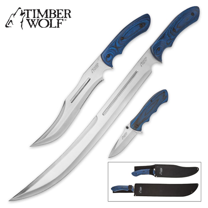 Timber Wolf River Trident 3-Piece Knife Set - Bowie / Machete / Assisted Opening Folder - Blue