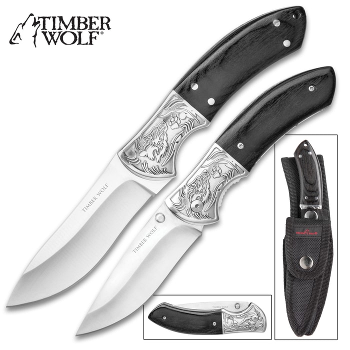 Timber Wolf Two-Piece Black Wolf Hunter Knife Set - Fixed Blade And Pocket Knife - Stainless Steel Blades, Pakkawood Handles, Embossed Design, Nylon Belt Sheath