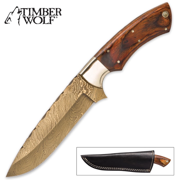 Timber Wolf Midas Golden Damascus Fixed Blade Knife with Leather Sheath