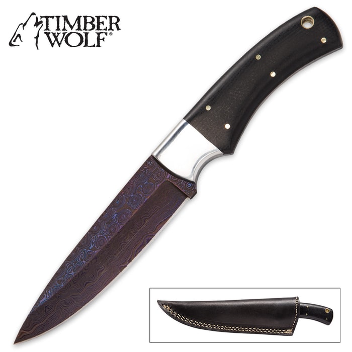 Timber Wolf Tempest Blue Raindrop Damascus Fixed Blade Knife with Leather Sheath - Micarta Handle