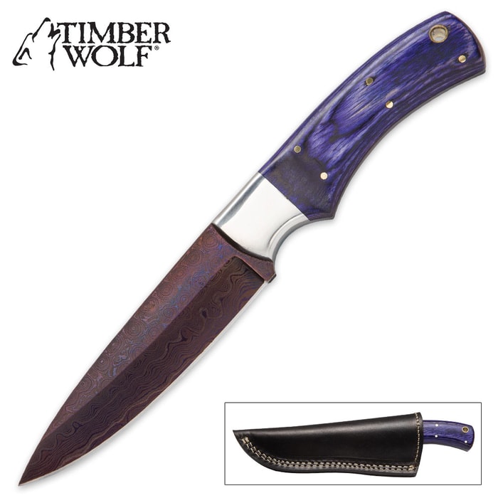 Timber Wolf Oceanus Blue Raindrop Damascus Fixed Blade Knife with Leather Sheath