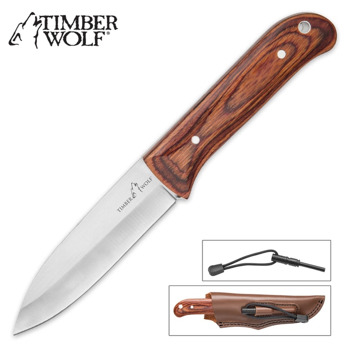Timber Wolf WildSteel Fixed Blade Knife with Genuine Leather Sheath and Fire Starter