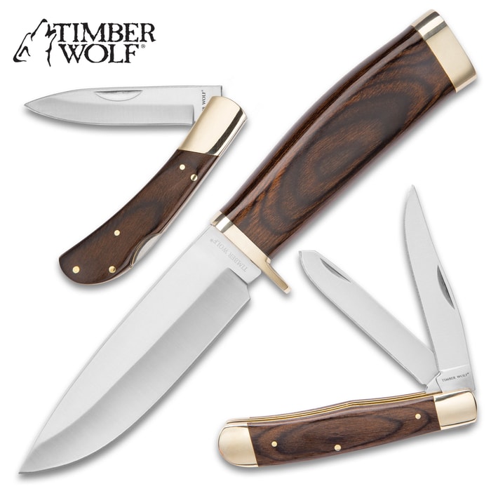 Timber Wolf The Legend Of The Pack Three-Piece Knife Set - Stainless Steel Blades, Wooden Handles, Brass Accents