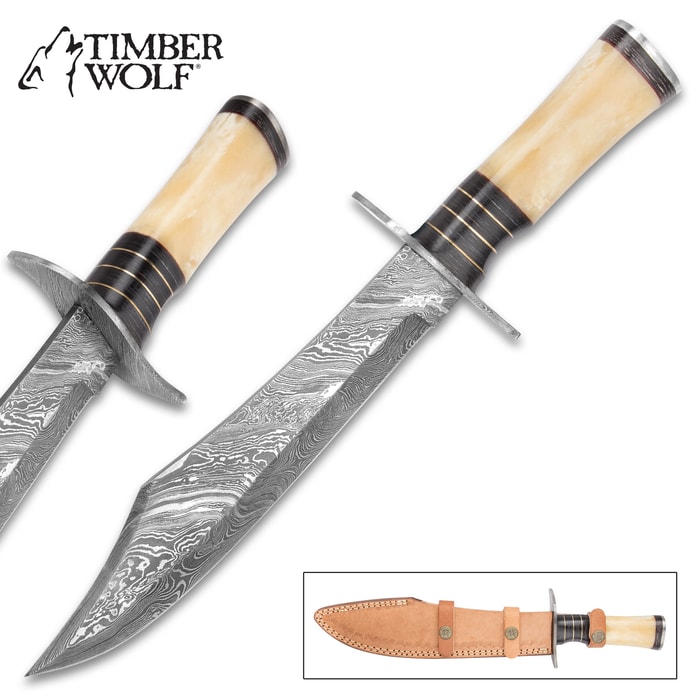 Timber Wolf Death Valley Bowie Knife And Leather Sheath - Damascus Steel Blade, Genuine Bone Handle, Damascus Guard And Pommel - Length 15”