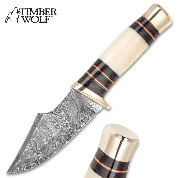 Timber Wolf Foxclaw Skinner - Damascus Steel Fixed Blade with Scalloping - Genuine Bone, Pakkwood Handle - Brass Spacers, Guard, Pommel - Leather Sheath - Skinning, Camping, Hunting, Outdoors