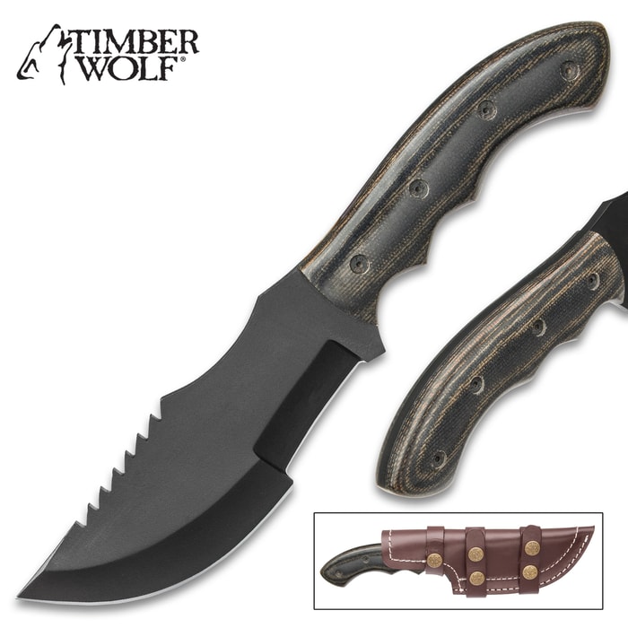 Timber Wolf Bushtracker Fixed Blade Knife - Black 1095 High Carbon Steel - Full Tang - Burlap Micarta - Genuine Leather Sheath - Bowie Tracker Survival Multipurpose Utility Outdoors Chop Saw - 9 3/4"