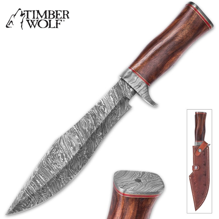 Timber Wolf Mountaineer Damascus Fixed Blade Knife With Leather Sheath - Damascus Steel Blade, Pommel And Guard - Wooden Handle, Brass Accents - Length 14 1/4”