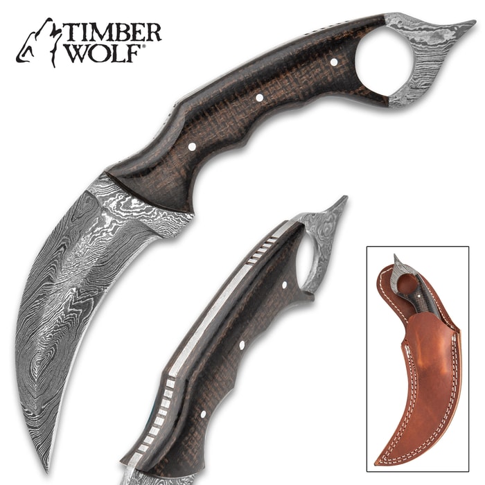 Timber Wolf Midnight Micarta Karambit Knife With Sheath - Damascus Steel Blade, Micarta Handle Scales - Length 9 1/4”