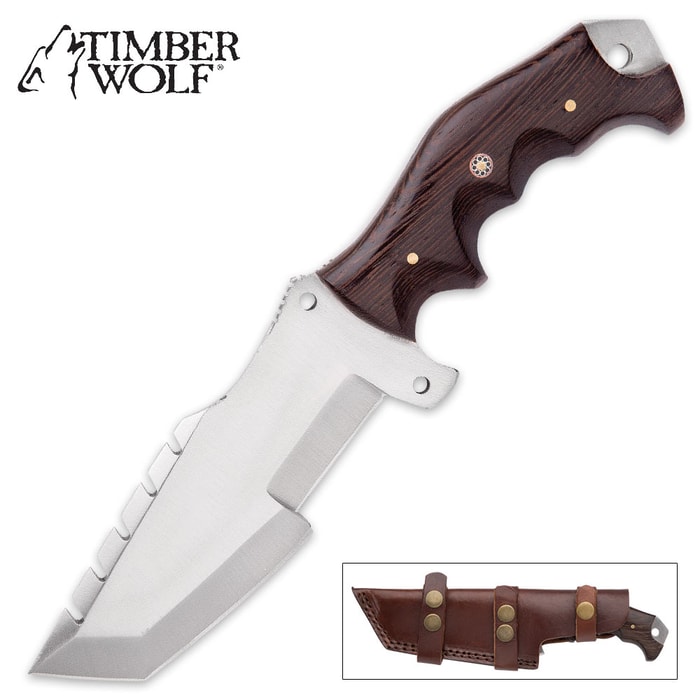 Timber Wolf Big Game Tracker Fixed Blade Knife - D2 Tool Steel Blade, Walnut Wood Handle, Sawback, Length 9 1/2”