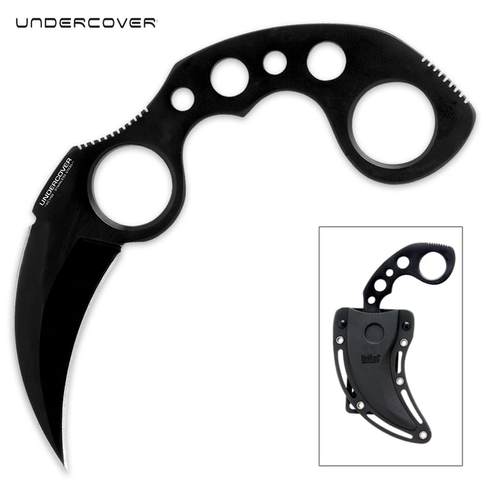 United Cutlery Undercover Black Karambit Dagger Knife is made of one piece of black coated stainless steel and has a plastic sheath.