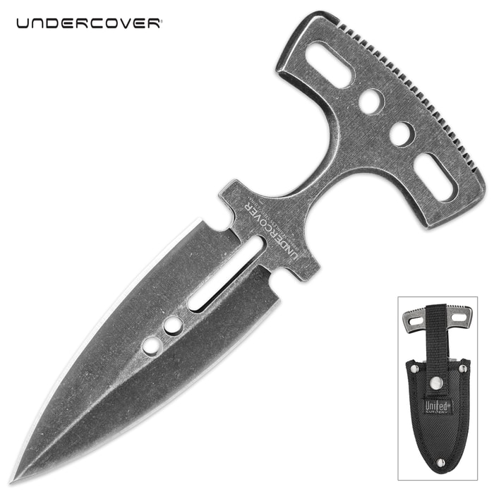 Undercover Stonewashed Magnum Push Dagger - One-Piece Stainless Steel Construction, Double-Edged Blade, No-Slip Grip