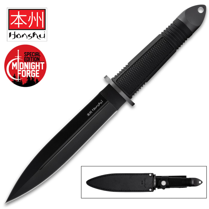Honshu Midnight Forge Fighter Knife shown with black stainless steel blade and black rubberized grip, both in and out of sheath.