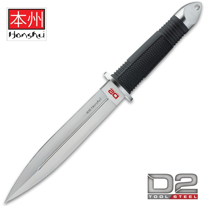 Honshu D2 Fighter Knife shown in full with D2 tool steel blade and black rubberized grip.
