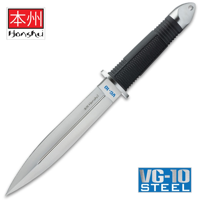 Honshu VG-10 Fighter Knife shown in full with over-molded rubberized grip and premium VG-10 steel double-edged blade with deep blood groove.