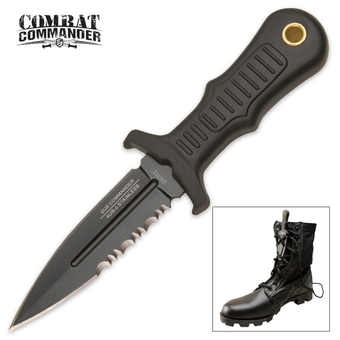United Cutlery Sub Commander Black Mini Boot Knife has a 2 1/2” double edged AUS-6 stainless steel blade and TPR handle.