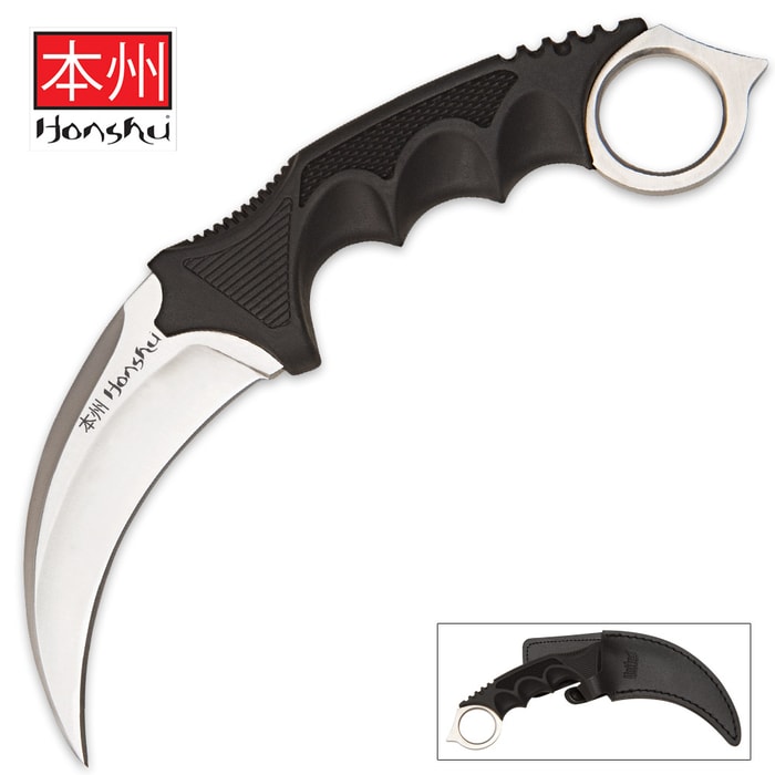 United Cutlery Honshu Karambit has a 7Cr13 stainless steel blade and over-molded handle with leather boot sheath.