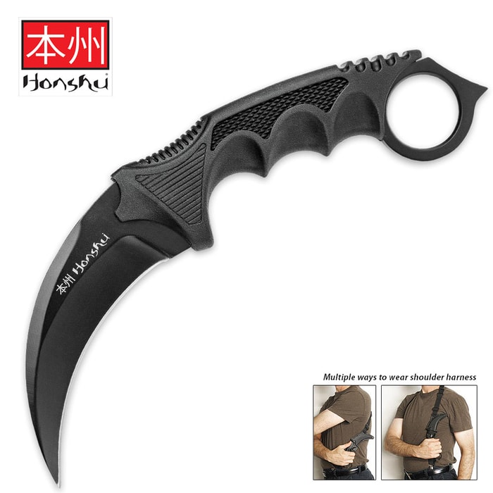 United Cutlery Black Honshu Karambit has a 7Cr13 stainless steel curved blade, over-molded TPU handle, and shoulder harness sheath.