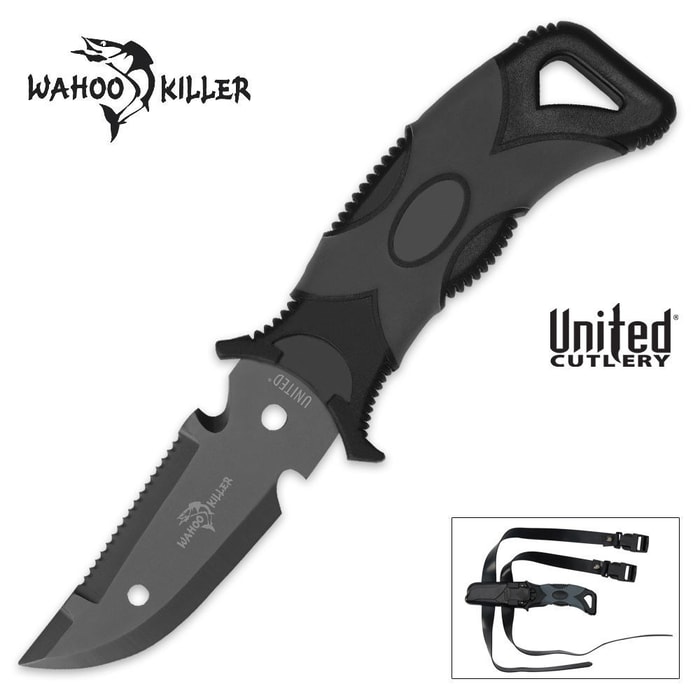Wahoo Killer Dive Knife with Rubber Leg Straps and Locking Sheath