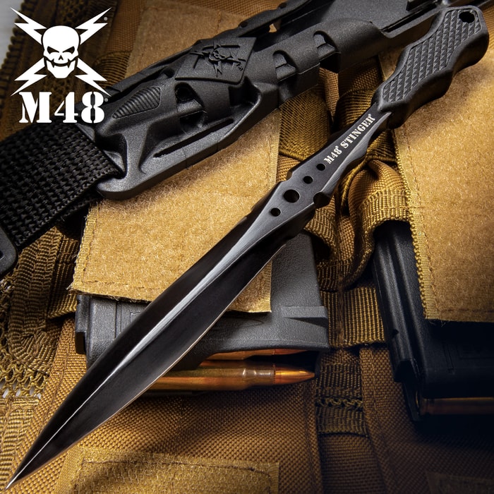 M48 Stinger Urban Dagger has a 3 3/4” blade with a non-reflective black coating and textured handle grip, shown on tactical background.