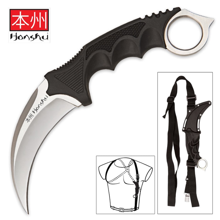 United Cutlery Silver Honshu Karambit has a curved 7Cr13 stainless steel curved blade, TPU handle with finger-ring pommel, and ABS shoulder harness.