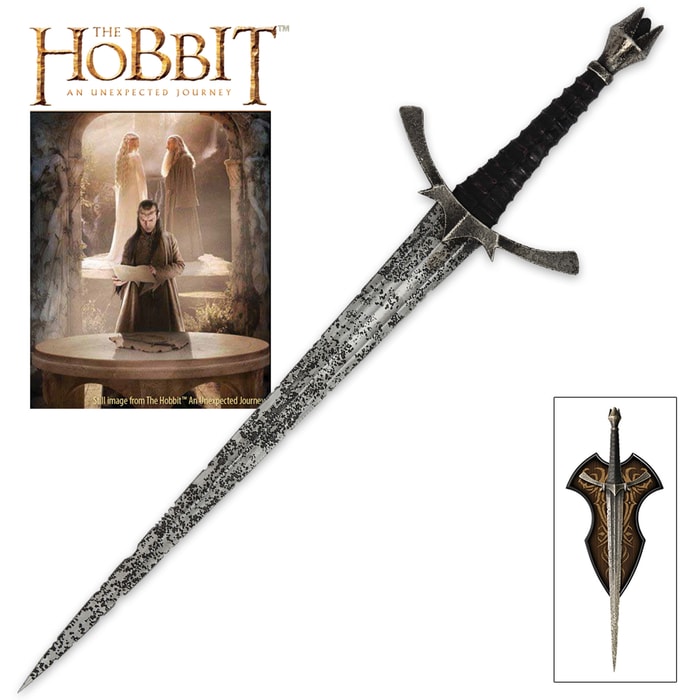 The Hobbit Morgul-blade shown with stainless steel blade and leather wrapped grip and on wooden wall display. 