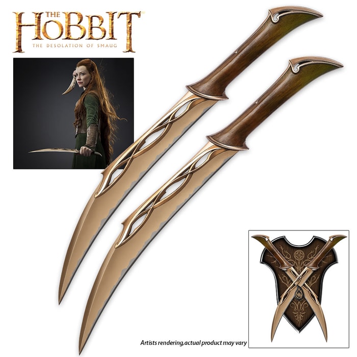 The Hobbit Fighting Knives of Tauriel shown held by the character, on wooden wall plaque, and laid side by side. 