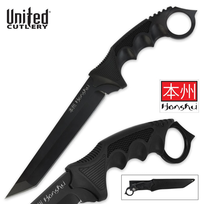 United Cutlery Honshu Aizu Ring Fighter Black Tanto With Leather Sheath