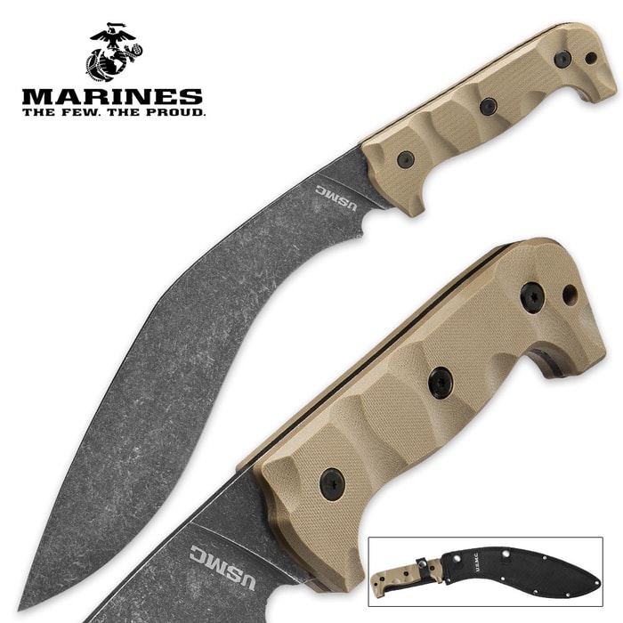 USMC Desert Sand Kukri Machete has a 11 1/2” 3Cr13 stainless steel blade with a stonewashed finish and tan G10 handle.