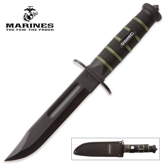 USMC Blackout Combat Fighter Fixed Blade Knife with Nylon Sheath