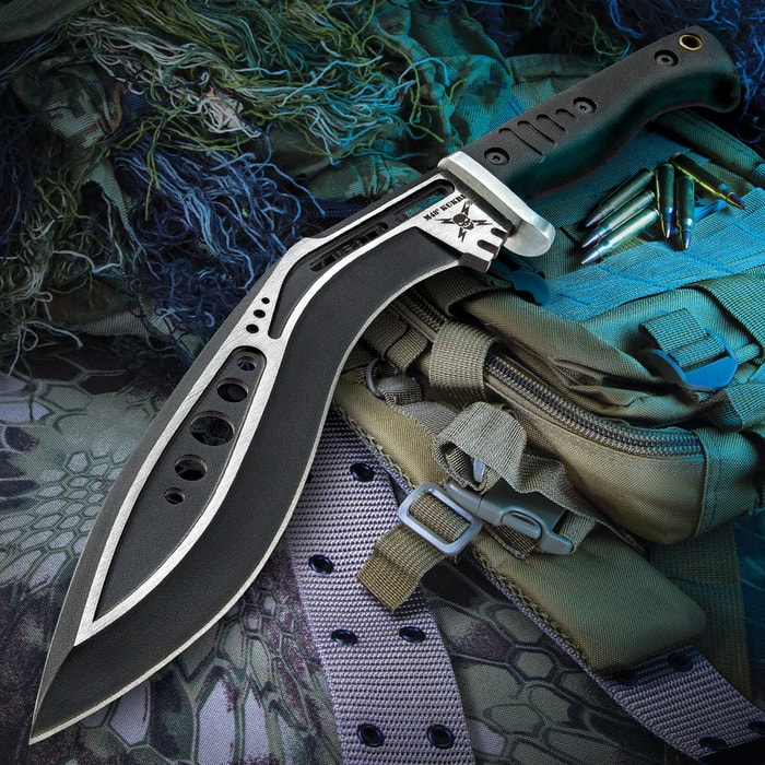 M48 Tactical Kukri has a 10 1/2” cast stainless steel blade and black TPR handle, shown on a background of tactical gear.