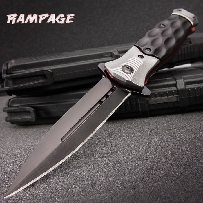 Rampage Bloodsport Stiletto Knife - Assisted Opening Folder / Pocket Knife - Anodized Stainless Steel - Aluminum Handle - Sleek Contemporary Style - Liner Lock, Blade Spur, Pocket Clip & More - 4 1/2"