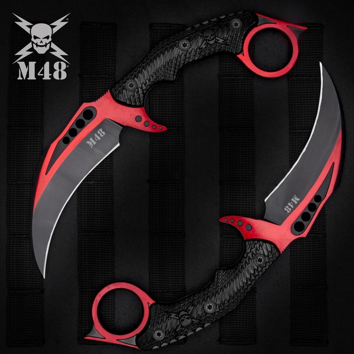 The M48 Red Liberator Falcon Karambit has a red and black, two-tone, razor-sharp blade