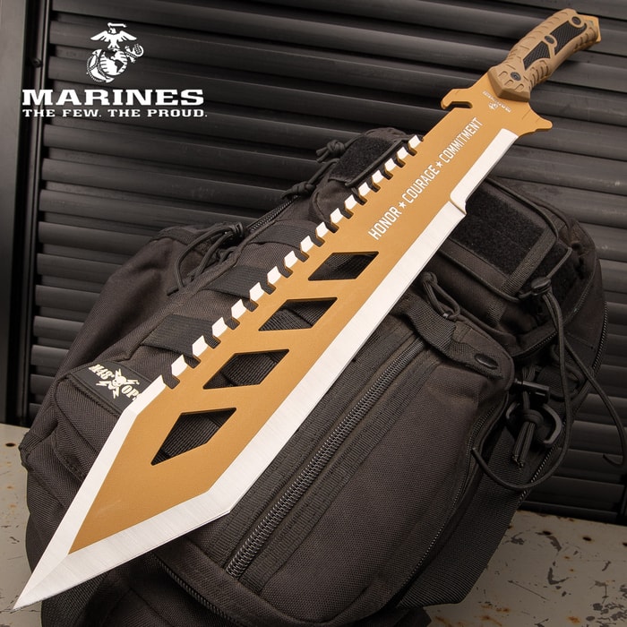 USMC Operation Mako Knife With Sheath – Stainless Steel Blade, Full-Tang,  Grippy TPU Handle Scales, Sawback – Length 16 1/2”