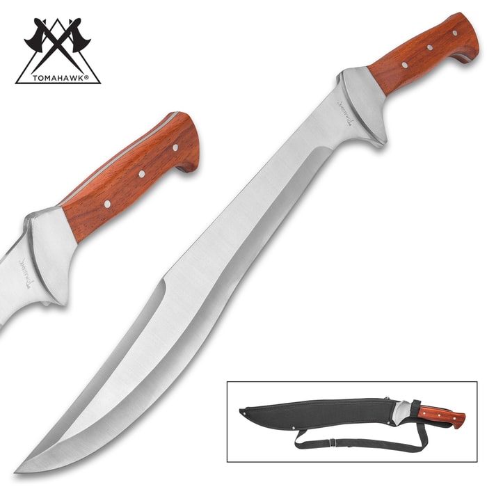Tomahawk Big Bounty Hunter Full Tang Machete has a full tang stainless steel blade, wooden handle, and a nylon shoulder sheath.