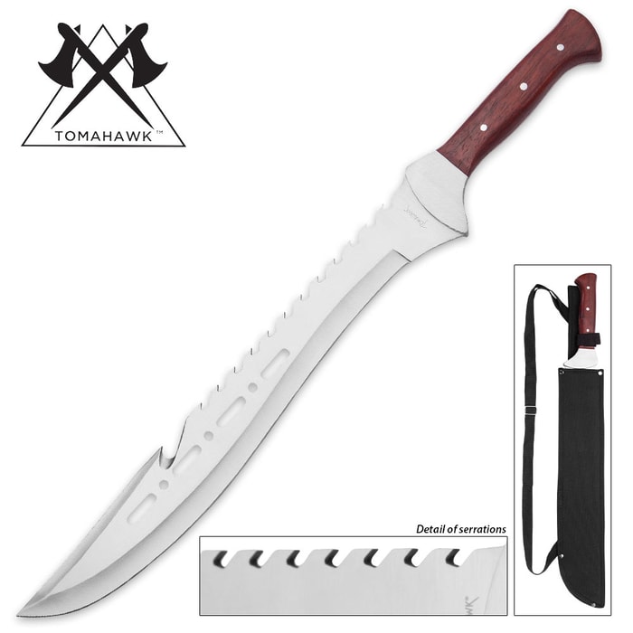 Tomahawk Razorback Full Tang Machete With Nylon Shoulder Sheath - Genuine Heartwood Handle, Sawback Serrations - 21 1/4" Length