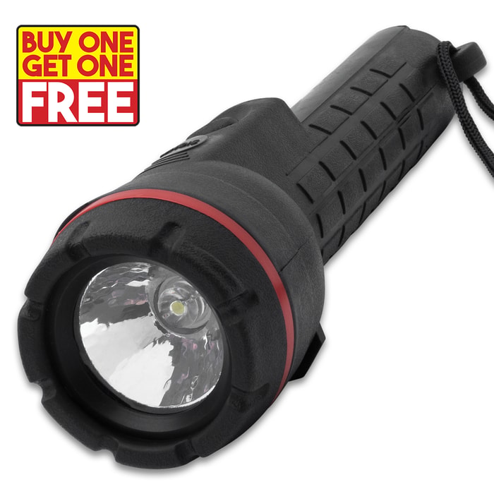 The Waterproof Flashlight with Wrist Lanyard’s housing is made of water-resistant TPR with checkered grip.