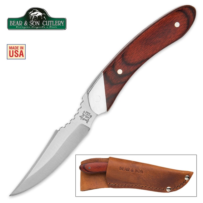 Bear Rosewood Caper Fixed Blade Knife With Leather Sheath