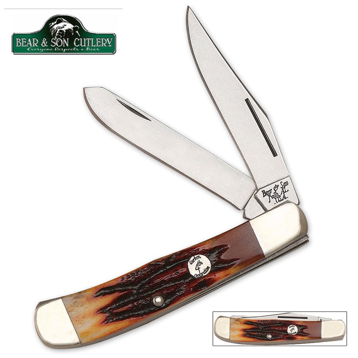 Bear Two Blade Small Trapper Red Stag Bone Folding Knife