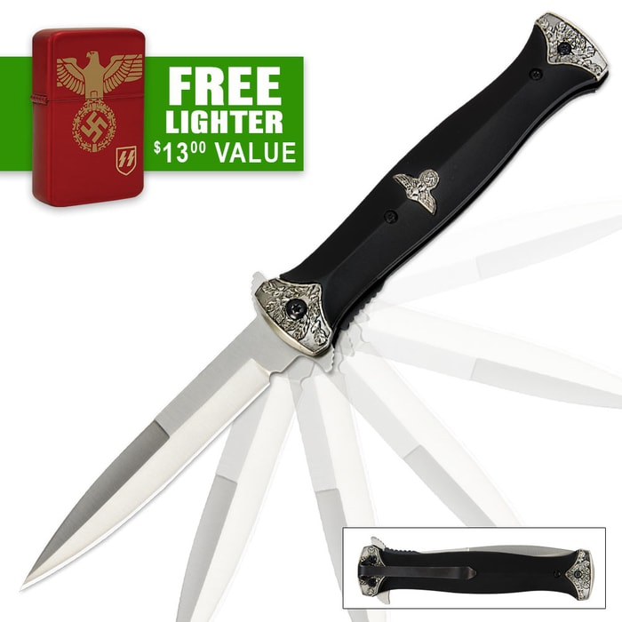 German SS Leader Black Assisted-Open Folding Knife and Free Lighter
