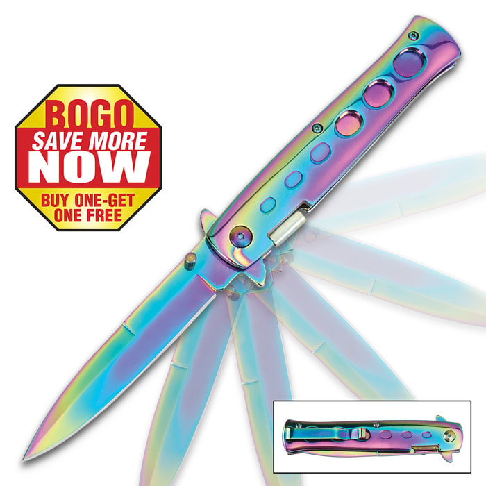 Rainbow Titanium Stiletto Assisted Opening Pocket Knife - BOGO