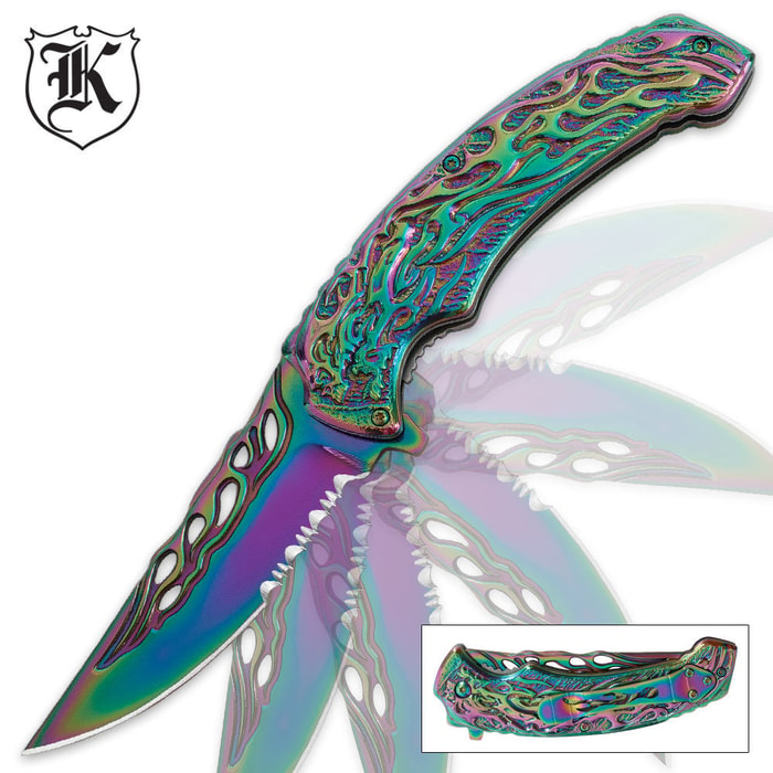 Assisted Opening Flaming Skull Fantasy Knife Rainbow Titanium